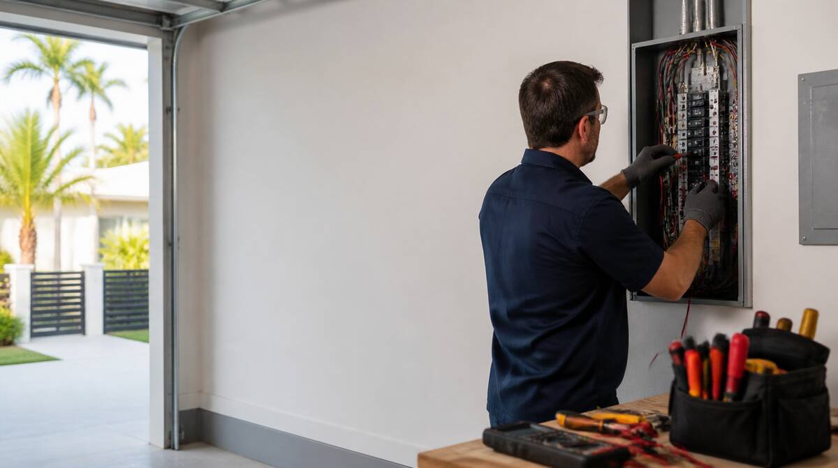 Electrician working on a breaker panel in a Miami home