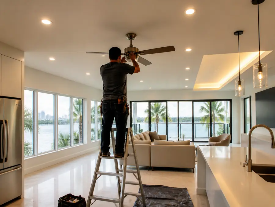 Electrician installing a ceiling fan and recessed lights